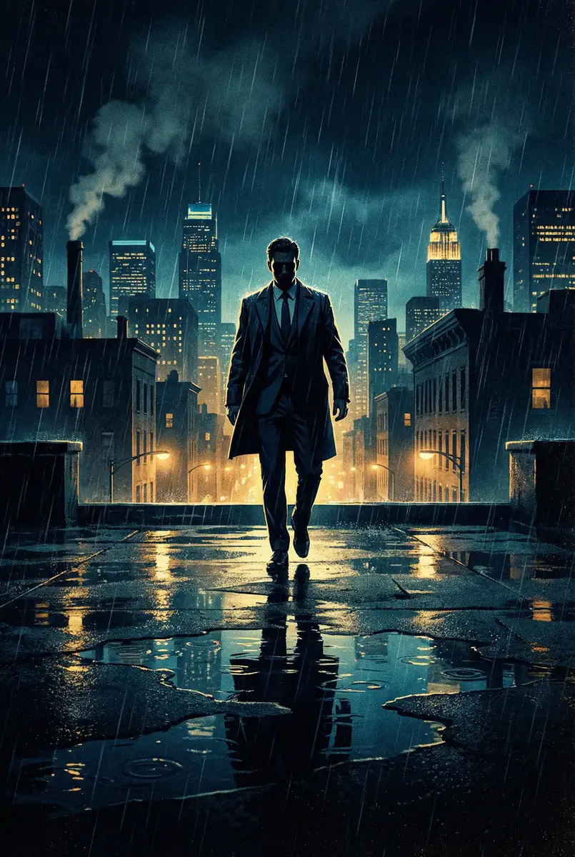 高压监狱 在线 出品影片《雨夜独行者》海报，雨中城市屋顶男性剪影